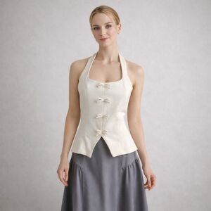 Lucy Paris Ivory White Halter Top Size Medium Smocked Bow Coquette Romantic